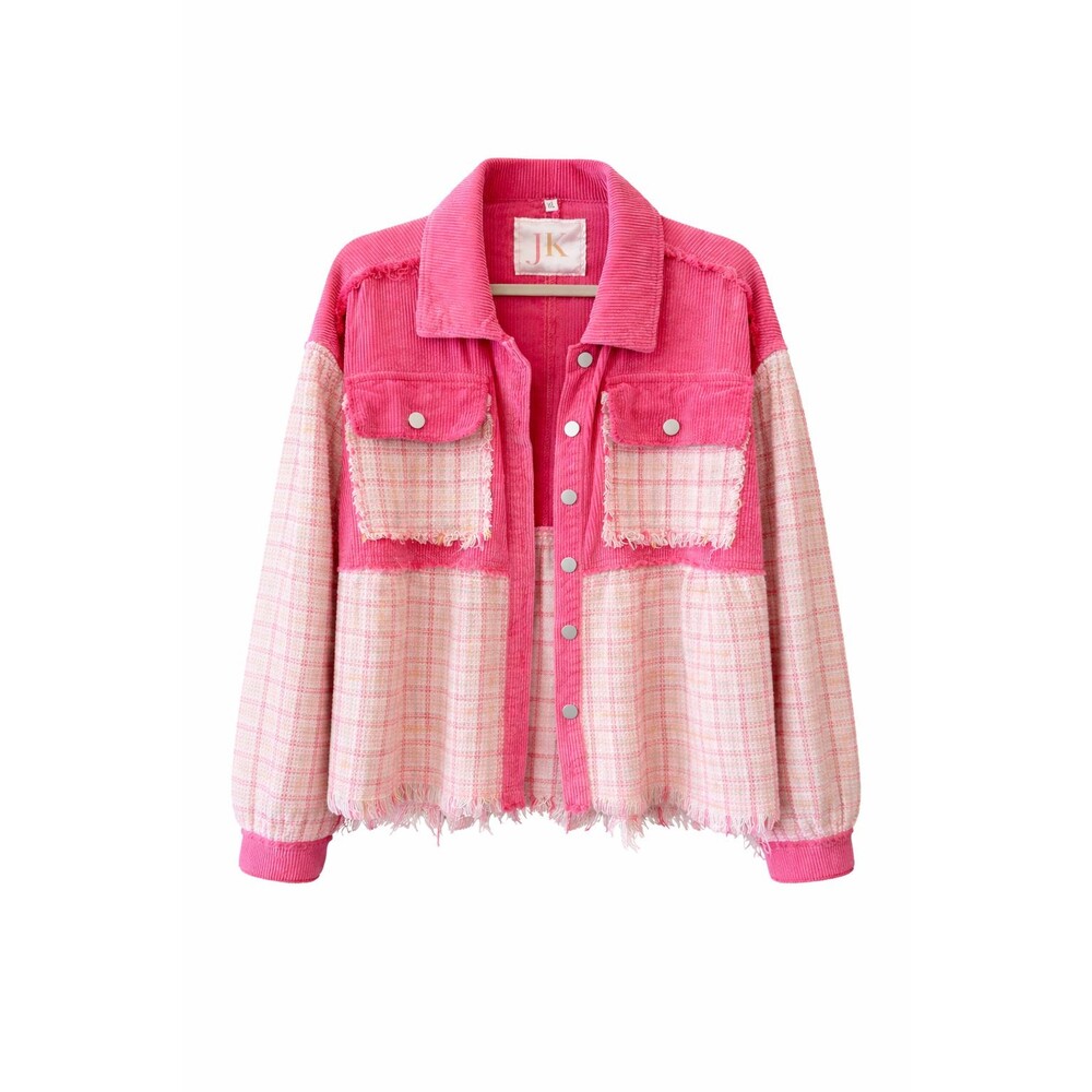 JK XL Pink Corduroy Plaid Shacket Frayed Hem Button Front Jacket